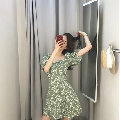 Váy Đầm Tay Nhún, Xanh Hoa Nhí